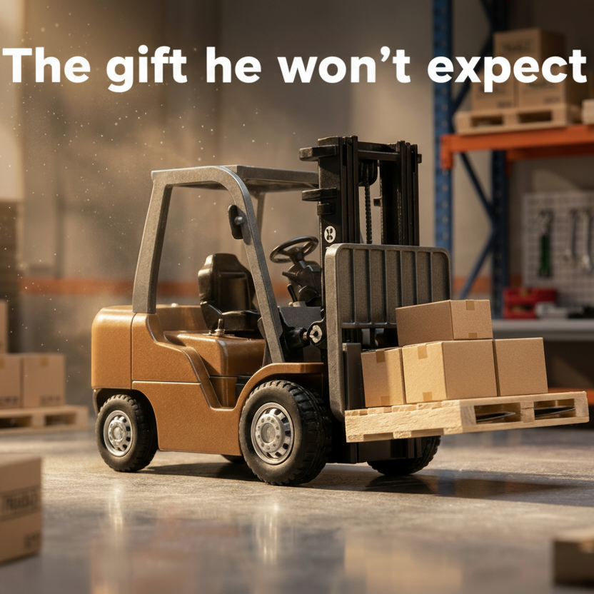 RC forklift toy for adults with metal forks and remote control on desk