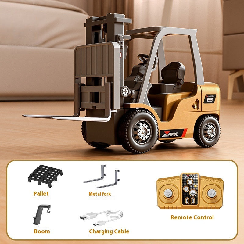 Toy forklift with remote control on a wooden surface, showing included accessories.