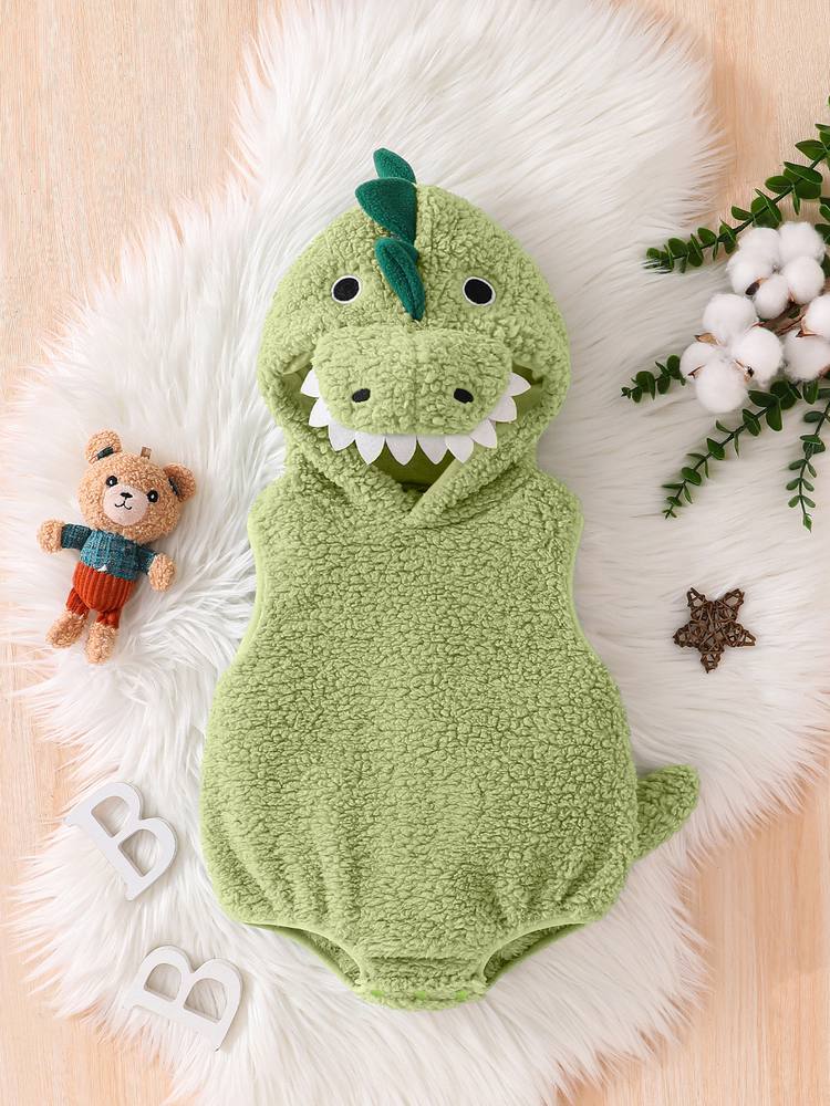 Matcha green baby dinosaur romper laid flat, front view