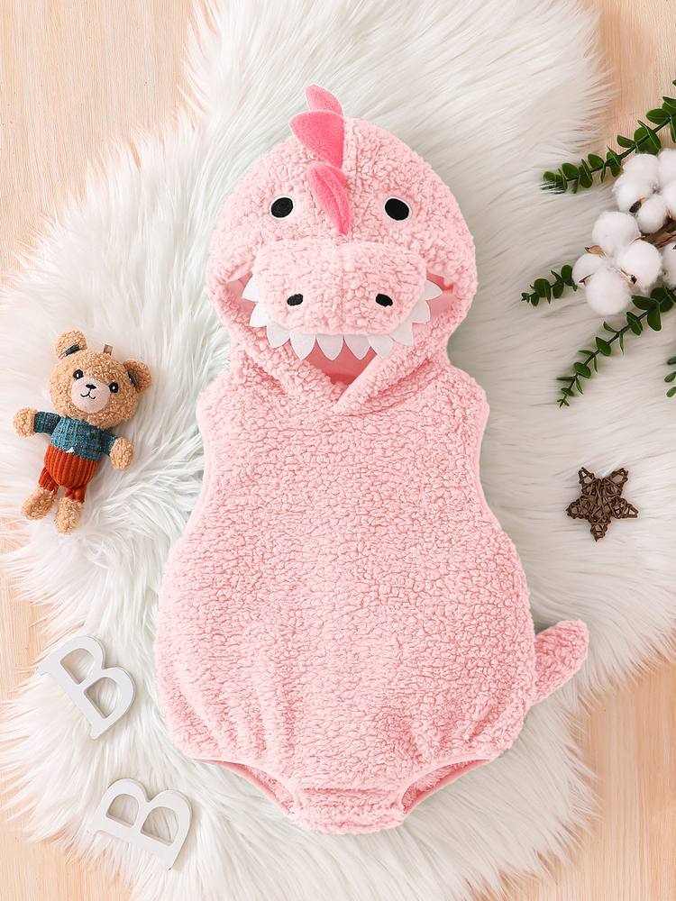 Pink baby dinosaur costume romper laid flat, front view