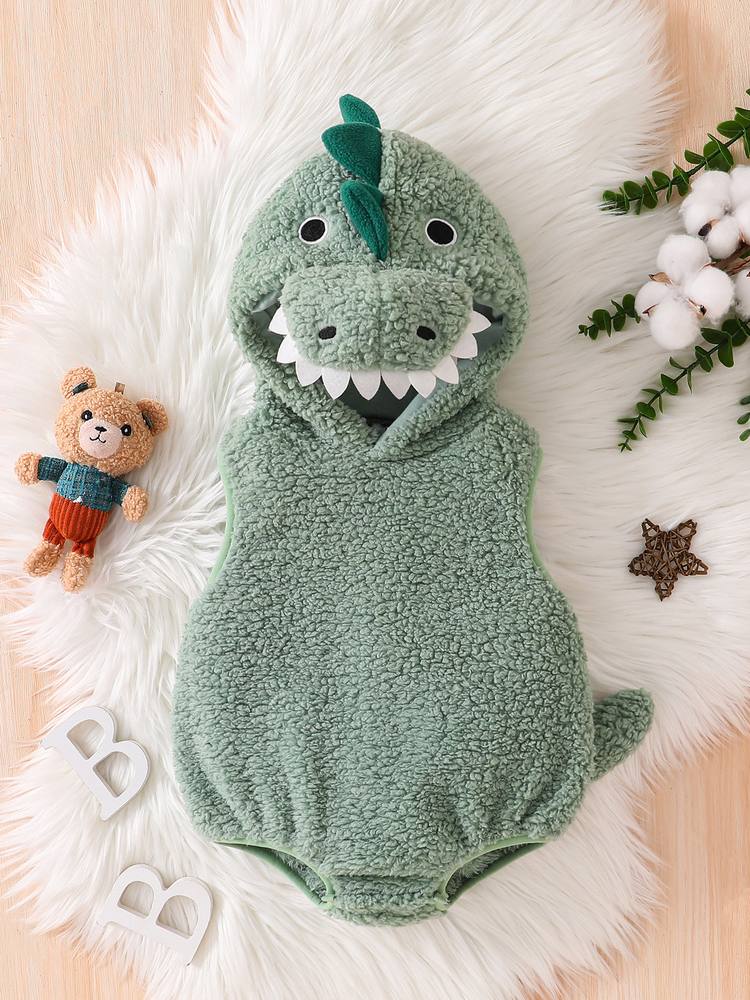 Sage baby dinosaur romper laid flat, front view