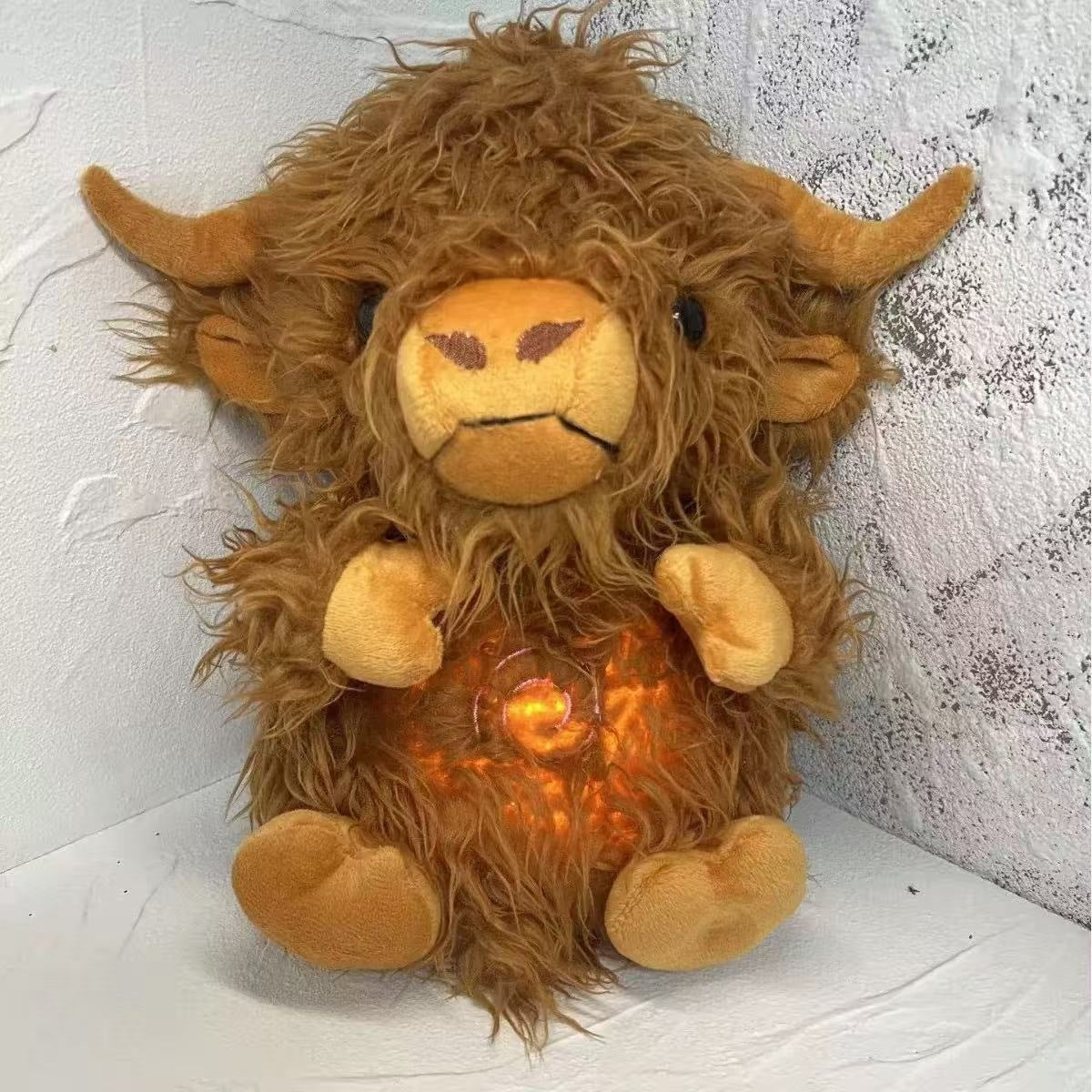 Mooly breathing Highland cow plush with glowing amber belly