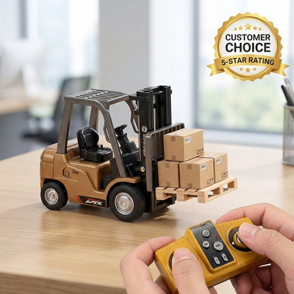 Toy forklift with remote control on a table, featuring a 5-star rating badge.