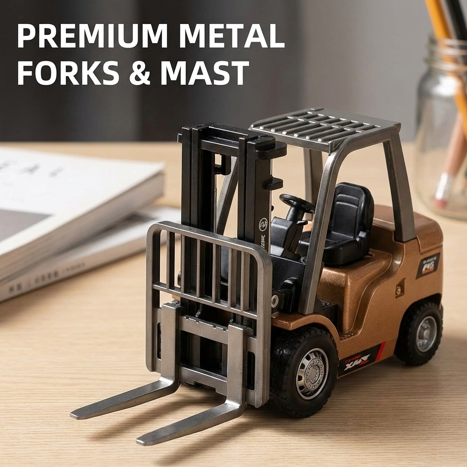 Model forklift with 'Premium Metal Forks & Mast' text on a desk.