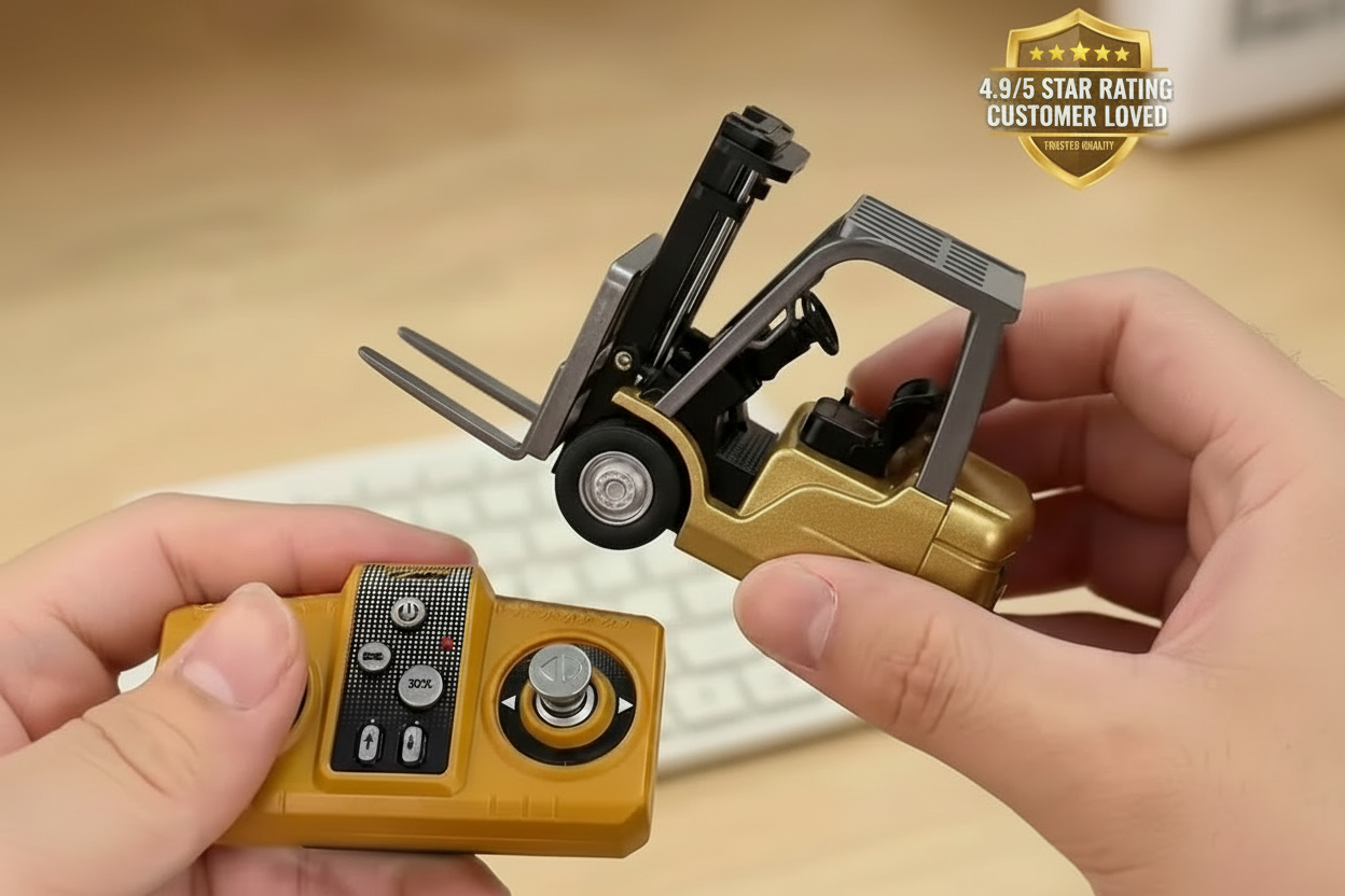 Toy forklift held by a hand with a 4.9/5 star rating badge in the corner.
