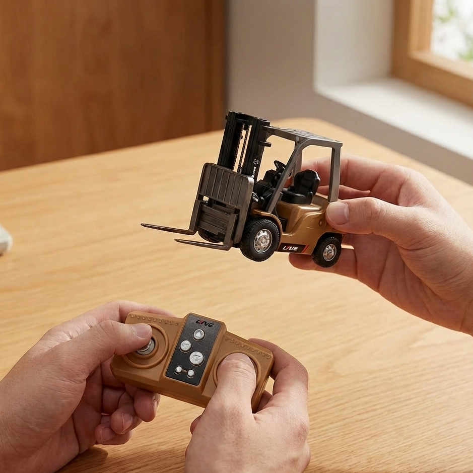 Toy forklift and remote control on a wooden surface