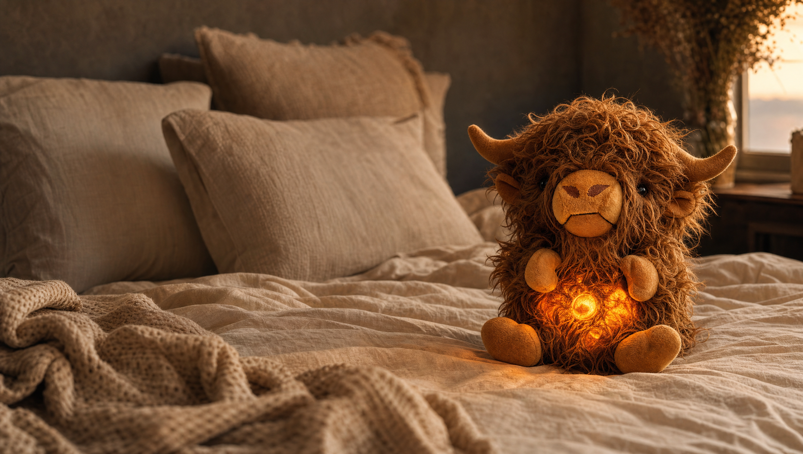 Vespify hero: Mooly breathing highland cow glowing on a bed at dusk