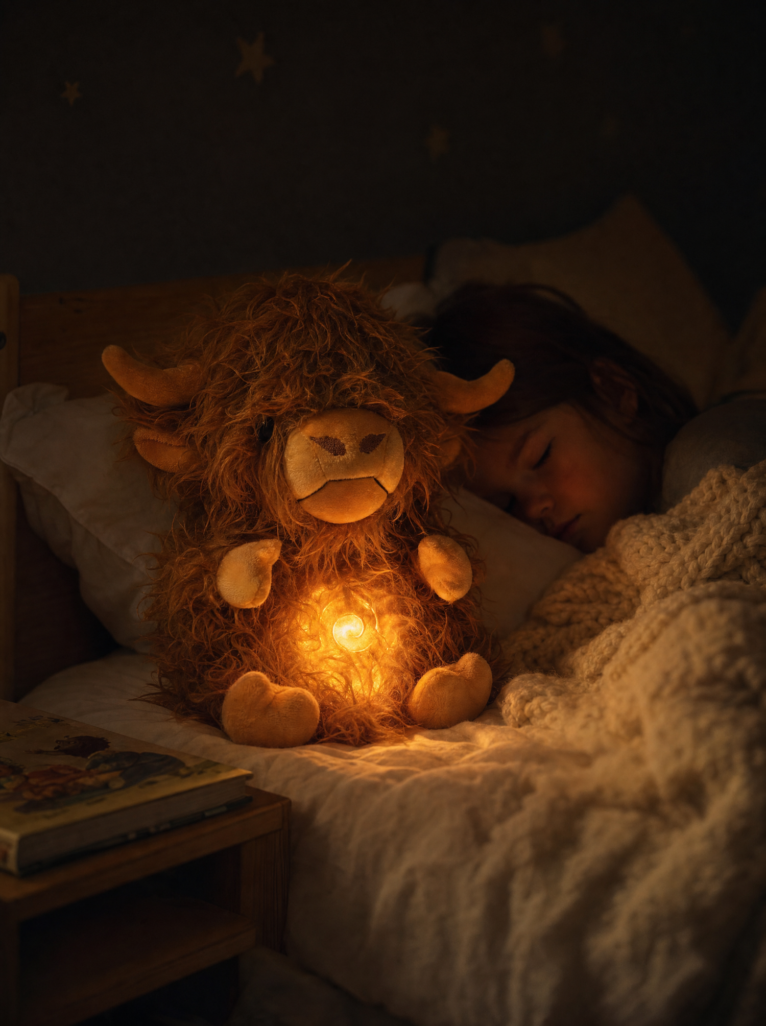 Mooly glowing next to a sleeping child