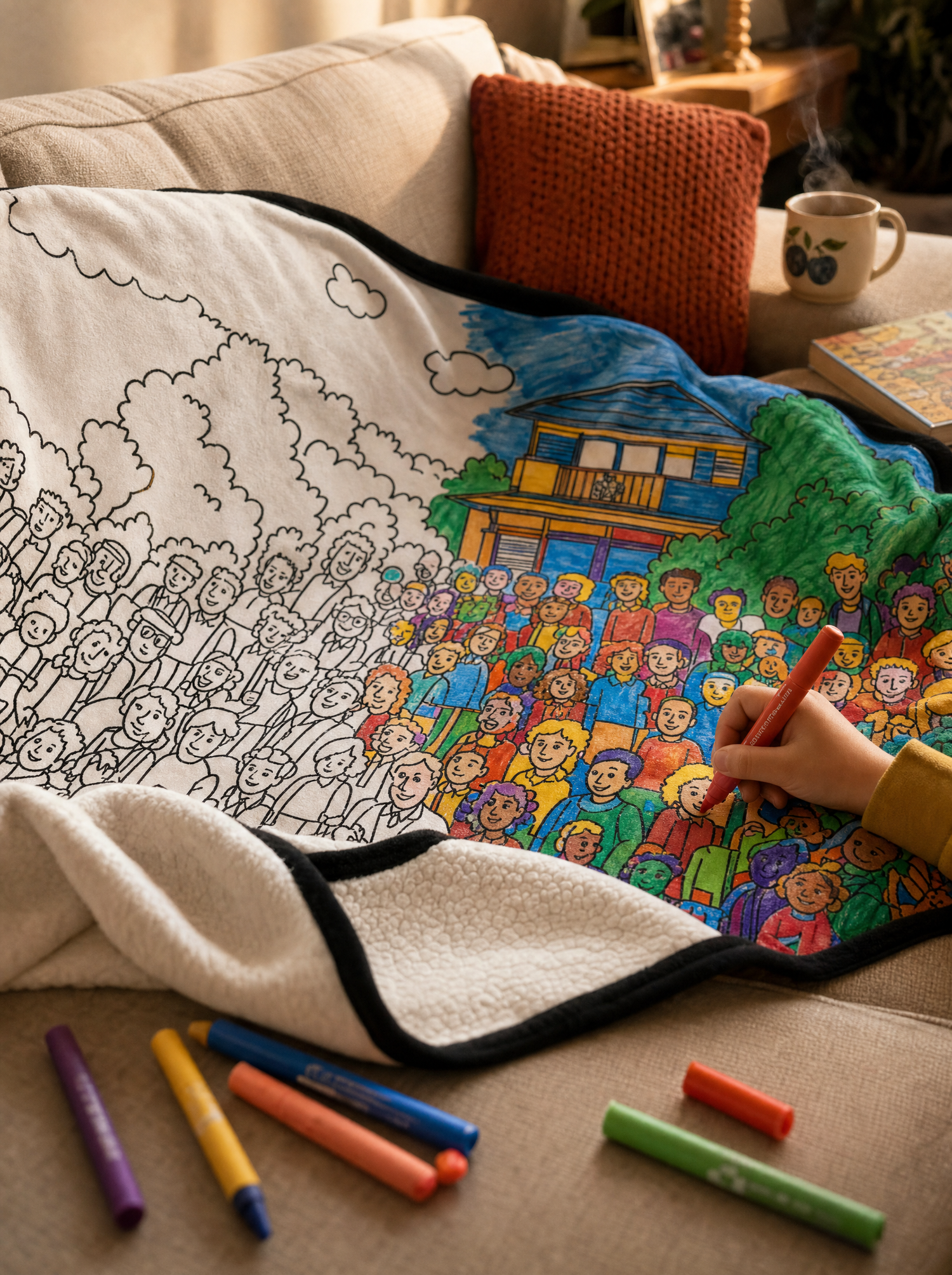 Doodle Blanket half colored on a couch with fabric markers