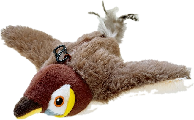 Chirpy the plush sparrow with wings spread