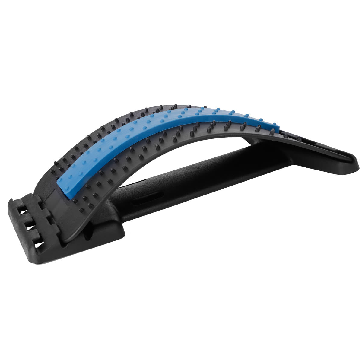 Uncurl back stretcher: black arched frame with a blue silicone strip and rows of small nodes, on a slotted base